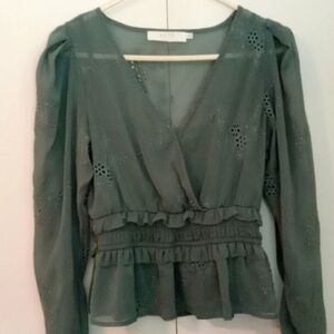 Teal blue womens blouse with attached undershirt, flower detailing airy summer